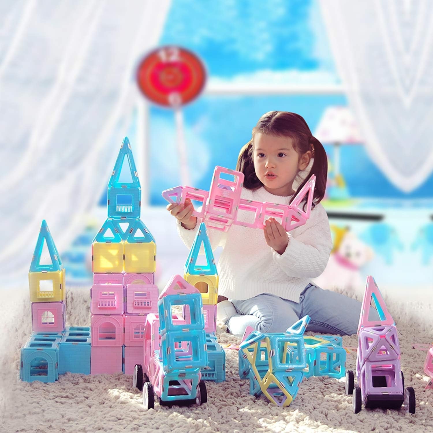 102 Pieces Magnetic Tiles Toys for 3 4 5 Year Old Girls Boys, Castle Magnet Toy Building Block for Kids Toddlers, Magnetic Blocks Educational Montessori STEM Toys for Toddler Girls Gifts