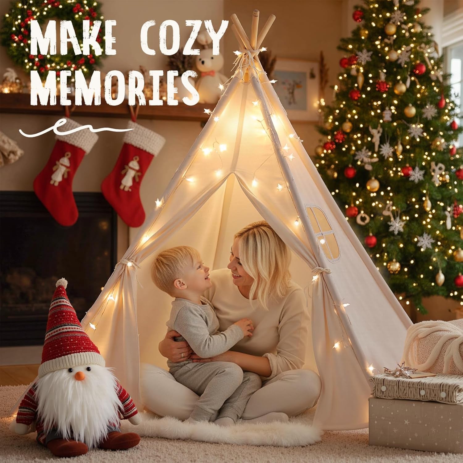 Teepee Tent for Kids Indoor - Toddler Play Tent Washable Tipi Sleepover Tents with Lights for Girls & Boys - Foldable Playhouse Gift Toys