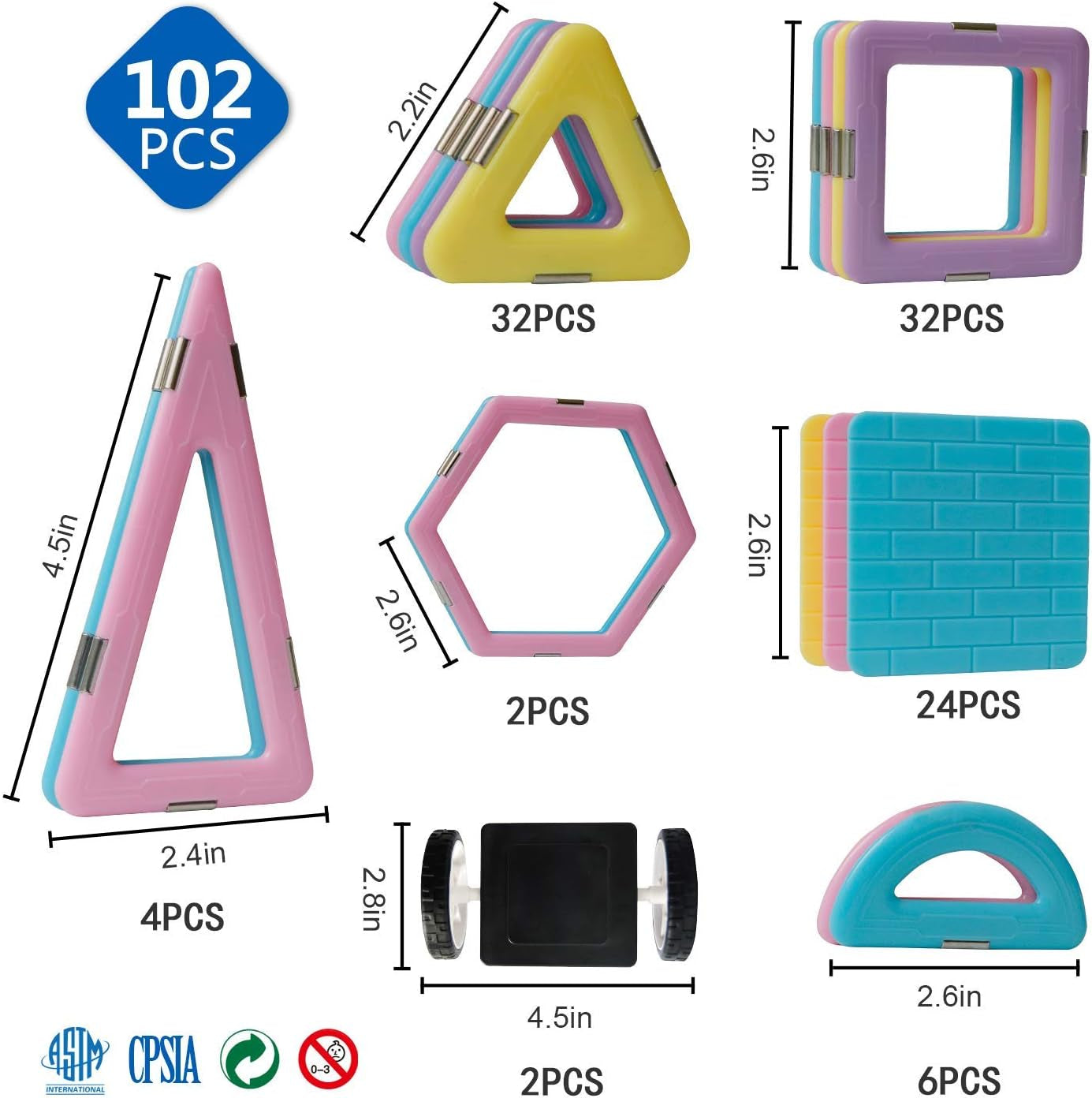 102 Pieces Magnetic Tiles Toys for 3 4 5 Year Old Girls Boys, Castle Magnet Toy Building Block for Kids Toddlers, Magnetic Blocks Educational Montessori STEM Toys for Toddler Girls Gifts